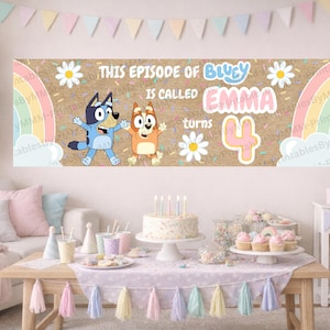 May include: A birthday banner featuring Bluey and Bingo characters, with the text "THIS EPISODE OF BLUEY IS CALLED EMMA turns 4". The banner is brown with daisy and rainbow accents, perfect for a child's birthday party.