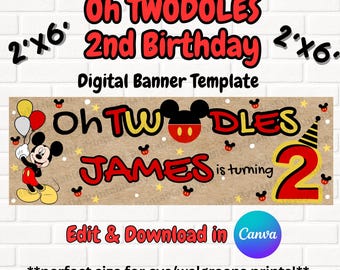 Mickey Mouse Oh Twodles Boy Birthday Party Banner Digital Template 2x6