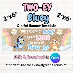 Banner digital de 2x6 para fiesta de segundo cumpleaños de niña, episodio de Bluey de TWOEY, arcoíris.