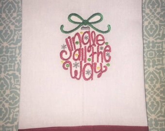 Christmas Embroidered White Linen Tea Towel with Colored Trim Home Decor Kitchen Decor Great Gift Hostess Gift