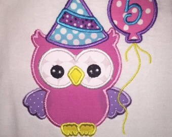 Youth Girls' Happy Birthday Party Owl Short or Long Sleeve White Shirt with Embroidered Personalized Name