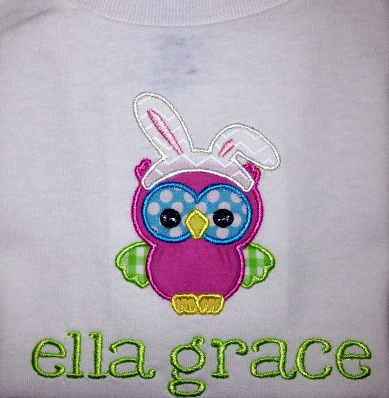 Children/'s Baby Infant Happy Easter Bunny Owl Short or Long Sleeve White Onesie with Embroidered Personalized Name