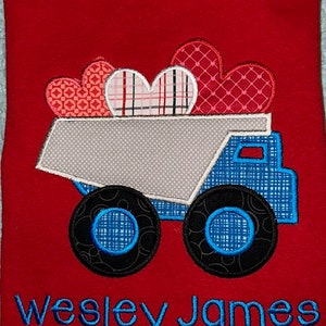Toddlers Happy Valentine's Applique Heart Dump Truck Short or Long Sleeve Shirt with Embroidered Personalized Name