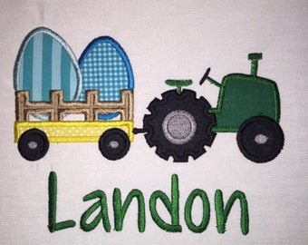 Toddler Easter Tractor Carring Eggs Applique with  Personalized Name  Short or Long Sleeve Shirt