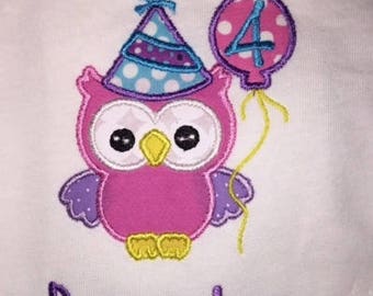 Toddlers Girls' Happy Birthday Party Owl Short or Long Sleeve White Shirt with Embroidered Personalized Name