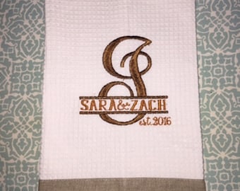 Custom Personalized Monogram Embroidered White Waffle Woven Tea Towel with Colored Trim Home Decor Kitchen Decor Great Gift Hostess Gift