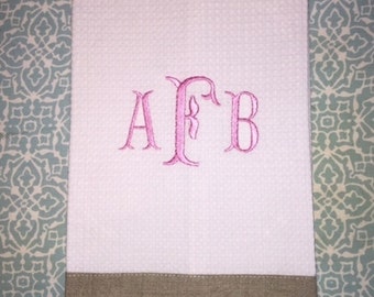 Custom Personalized Monogram Embroidered White Waffle Woven Tea Towel with Colored Trim Home Decor Kitchen Decor Great Gift Hostess Gift