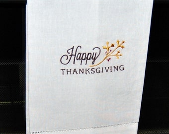 Happy Thanksgiving Fall Holidays Embroidered Linen Tea Towel Home Decor Kitchen Decor