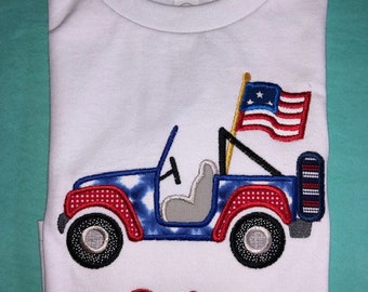 Toddlers Patriotic Vehicle  Applique Short or Long Sleeve Shirt with Embroidered Personalized Name