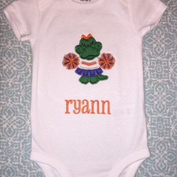 Baby Infant Gator Mascot Applique with Personalized Name on a Short or Long Sleeve White Bodysuit