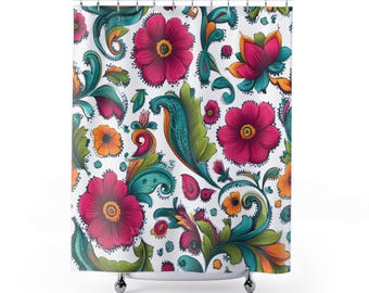 Colorful Paisley Floral Shower Curtain | Pink Teal Botanical Pattern
