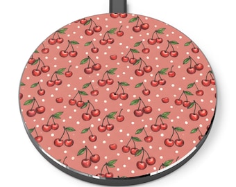 Caricabatterie wireless con motivo a ciliegie / Caricabatterie per telefono con motivo a pois rosa retrò