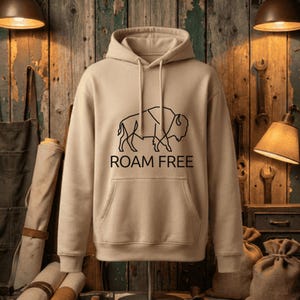 Bluza z kapturem Roam Free Bison | Bluza z nadrukiem Parku Narodowego | Prezenty dla miłośników outdooru | Sprzęt terenowy Heritage | Rustykalny sweter na wyprawę kempingową