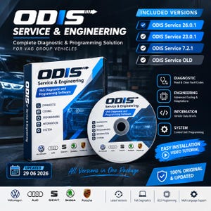 May include: ODIS Service & Engineering diagnostic and programming software package for VAG group vehicles. Includes a box and disc with branding for Volkswagen, Audi, SEAT, Skoda, and Porsche. Features include diagnostic, coding, and programming tools.