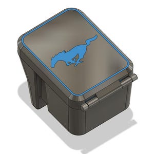 May include: A dark grey rectangular storage container with a hinged lid. The top surface features a bright blue silhouette of a galloping horse logo, framed by a thin blue border that follows the rounded rectangular shape of the lid.
