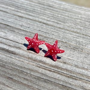 May include: A pair of stud earrings shaped like five-pointed starfish. The starfish are a vibrant red colour with small, raised white dots scattered across their textured surfaces. Each earring features a post back for secure attachment to the earlobe.