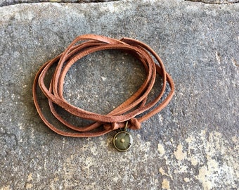 Tiny Bronze Round Mustard Seed Faith Camel Leather Wrap Bracelet
