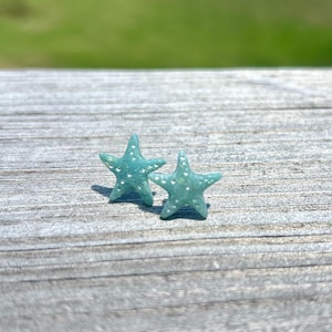 Peut inclure: Une paire de petites boucles d'oreilles à clous en forme d'étoile de mer à cinq branches, de couleur bleu sarcelle clair. La surface de chaque étoile présente un motif texturé et moucheté avec de minuscules points blancs.
