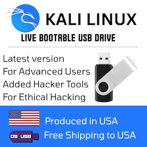 Op de afbeelding: Een zwarte en zilveren USB-drive met de tekst "KALI LINUX LIVE BOOTABLE USB DRIVE". De afbeelding bevat ook de tekst "Latest version, For Advanced Users, Added Hacker Tools, For Ethical Hacking". Het product wordt in de VS geproduceerd.