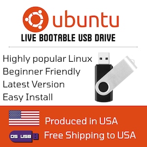 以下が含まれることがあります： Ubuntuのロゴとテキストが入った黒とシルバーのUSBドライブ。テキストには「LIVE BOOTABLE USB DRIVE」、「Highly popular Linux」、「Beginner Friendly」、「Latest Version」、「Easy Install」が含まれています。米国製です。