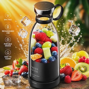 May include: A black portable blender bottle with a clear glass centre filled with fresh raspberries, blueberries, grapes, and melon chunks. The base features the text FRESH JUICE and 350 ML. The lid is black with a handle, and ice cubes splash around.