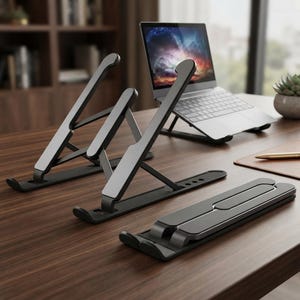 May include: Two dark gray, foldable laptop stands made of metal and plastic. One stand is fully extended in an upright position, while the other is collapsed into a flat, rectangular shape. Both feature adjustable support arms and non-slip grips.