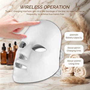 May include: A white wireless LED facial mask featuring a Type-C charging interface. The mask includes a 400mAh battery capacity, requires about 90 minutes for charging, and provides about 120 minutes of usage time for hands-free operation.