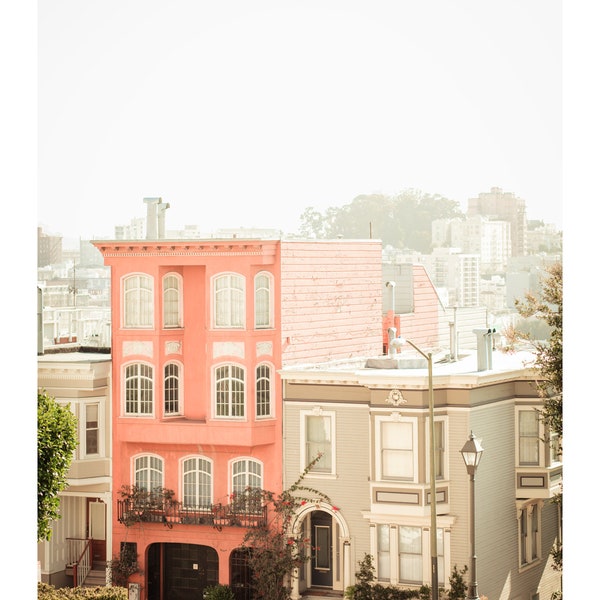 San Francisco Photo - Victorian Houses - Romantic, Vintage California, Pastel Decor, Green, Soft Pink, Teal, Olive Green, Dreamy Valentine