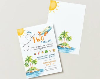 Time Two Take Off Birthday Invitation | Editable Canva Airplane Travel Party Invite (Digital Download)