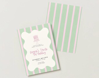 Modern Birthday Invitation Template | Pink Green Stripes, Cake Design (Digital Download)
