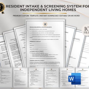 Puede incluir: Un conjunto de documentos titulados "Resident Intake & Screening System for Independent Living Homes". Los formularios incluyen la preparación del programa, los contactos de emergencia y la autorización. También se ve un icono de Microsoft Word.