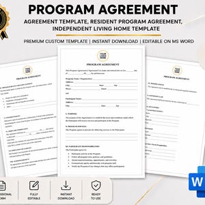 Op de afbeelding: Een digitale programma-overeenkomst sjabloon met de tekst "PROGRAM AGREEMENT" bovenaan. De sjabloon bevat secties voor overeenkomstgegevens, verantwoordelijkheden van deelnemers, enz. De afbeelding bevat ook een "1st" award badge en een Microsoft Word-pictogram.