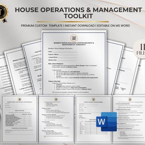 May include: A set of 11 printable documents, described as a "House Operations & Management Toolkit." The documents include templates for resident house manager acknowledgment, safety, and other operational forms. The documents are editable in MS Word.