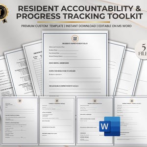 May include: A collection of white paper documents with blue borders, labeled as a Resident Accountability & Progress Tracking Toolkit. The documents include forms for resident improvement plans and incident reports. The image also features a Microsoft Word icon.