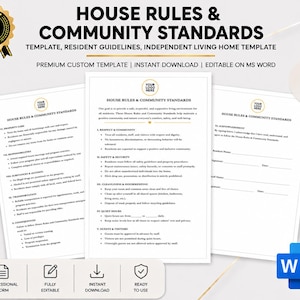 May include: A template for House Rules & Community Standards, Resident Guidelines, and Independent Living Home. The document is editable in MS Word and available for instant download. The design includes a gold ribbon and a Microsoft Word icon.