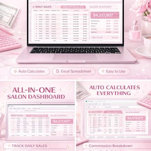May include: A pink laptop shows a salon summary with financial data, alongside a pink keyboard, calculator, and cash. The image promotes features like auto calculations and an all-in-one salon dashboard. Text reads "Track Sales, Commission, Profit."
