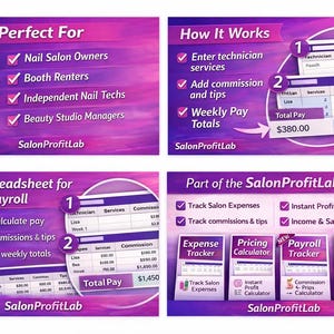 May include: A digital graphic with the text "Perfect For" and "How It Works" with a purple and pink gradient background. The image shows a nail salon, a spreadsheet, and various tools for salon management.