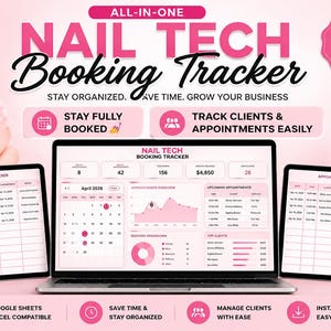 Pode incluir: Um Nail Tech Booking Tracker digital rosa e branco exibido em um laptop e dois tablets. O rastreador ajuda a manter-se organizado, economizar tempo e expandir seus negócios. A imagem inclui o texto "Stay Fully Booked" e "Track Clients & Appointments Easily."