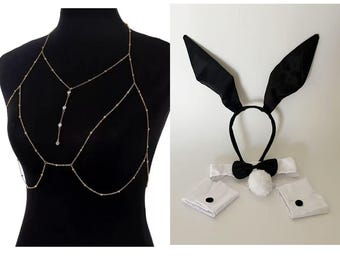 Conjunto combinado de disfraz de conejita de 5 piezas y cadena corporal de lujo.