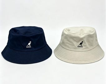 2X Gorro tipo cubo Kangol lavado, de algodón, estilo pescador, con parte superior plana, azul/beige, talla M