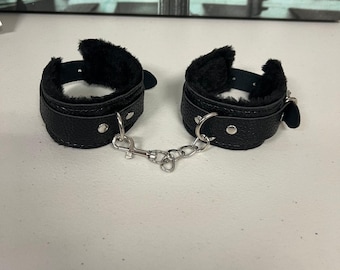 Black Fuzzy Plush PU Leather Wrist Cuffs Adjustable Handcuffs Restraint