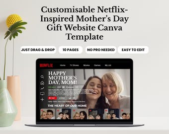 Plantilla web de Canva personalizada inspirada en Netflix para el Día de la Madre: Regalo de cumpleaños personalizado para mamá, madrastra y abuela (Momflix), póster de película.