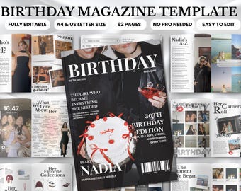 Plantilla de revista personalizada para el 30 cumpleaños de tu mejor amiga, plantilla de revista de cumpleaños editable al estilo Vogue, recuerdo de cumpleaños personalizado