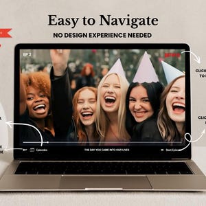 May include: A laptop displaying a video with the text "Easy to Navigate" and "No Design Experience Needed." The screen shows a group of laughing women. Text on the screen includes "Episode 2" and "The Day You Came Into Our Lives."