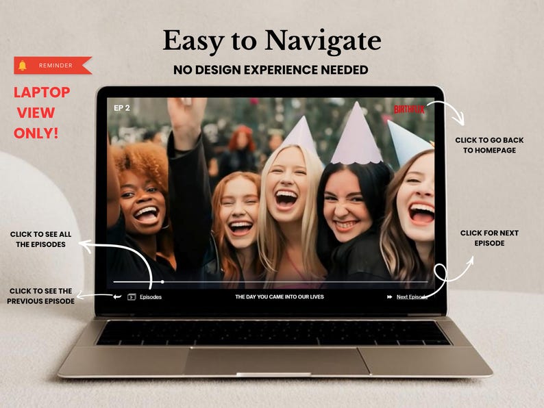 May include: A laptop displaying a video with the text "Easy to Navigate" and "No Design Experience Needed." The screen shows a group of laughing women. Text on the screen includes "Episode 2" and "The Day You Came Into Our Lives."