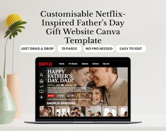 Plantilla web personalizada de Canva para Dadflix, ideal para regalos del Día del Padre, cumpleaños, cumpleaños o para padres mayores. Sitio web editable inspirado en Netflix para homenajear a papás.