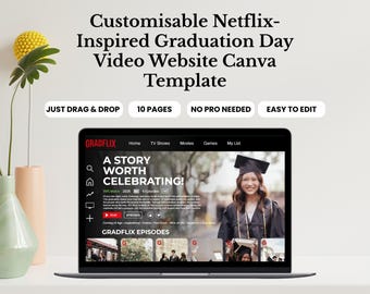 Edytowalny szablon witryny Gradflix, film z okazji ukończenia szkoły, spersonalizowany prezent z okazji ukończenia szkoły inspirowany Netflixem, cyfrowa pamiątka w serwisie Canva, niestandardowy