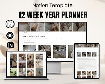Plantilla de planificador anual de 12 semanas de Notion, planificador de objetivos de 90 días, planificador trimestral, tablero de visión, planificador de vida de Notion, planificador de Notion para esa chica.