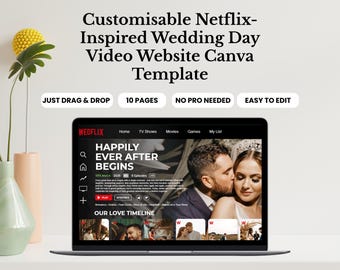 Spersonalizowany film ślubny inspirowany Netflixem do Twojego montażu ślubnego, edytowalna cyfrowa pamiątka Wedflix, spersonalizowany szablon strony internetowej dla ślubu