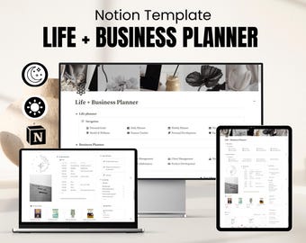 Plantilla de Notion para planificador de negocios, gestión de proyectos, planificador de vida, plantilla de Notion, registro de ingresos y gastos, planificador de Notion para pequeñas empresas.